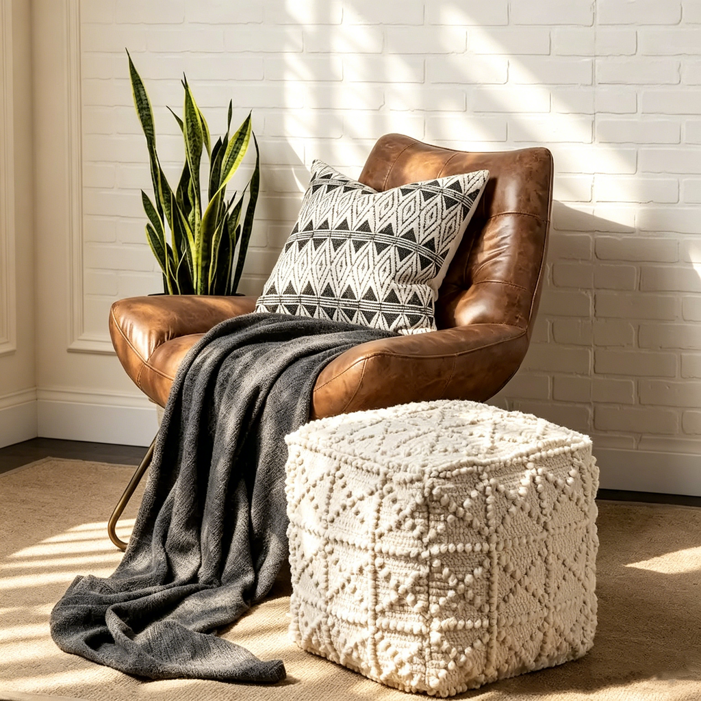 Pouf carré en laine blanc cassé (avec détails texturés façon popcorn)