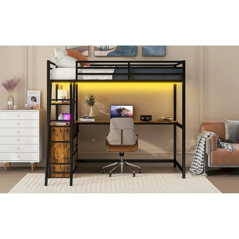Lit mezzanine double en métal et bois avec bureau et étagères, deux tiroirs intégrés, lumière LED et station de recharge USB