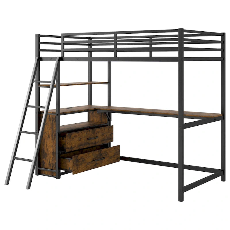 Lit mezzanine double en métal et bois avec bureau et étagères, deux tiroirs intégrés, lumière LED et station de recharge USB
