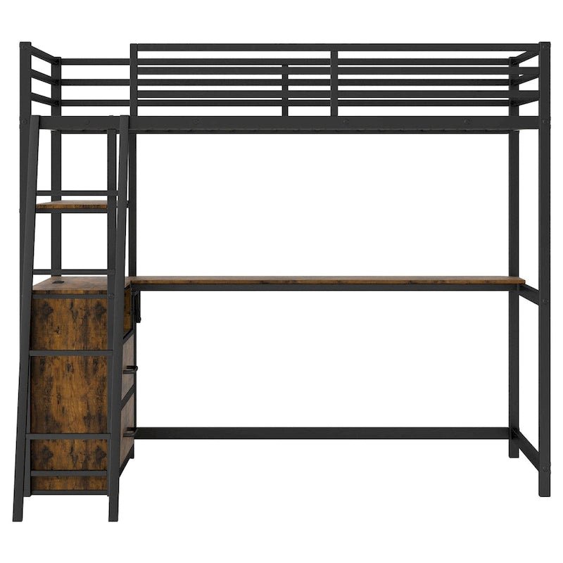 Lit mezzanine double en métal et bois avec bureau et étagères, deux tiroirs intégrés, lumière LED et station de recharge USB