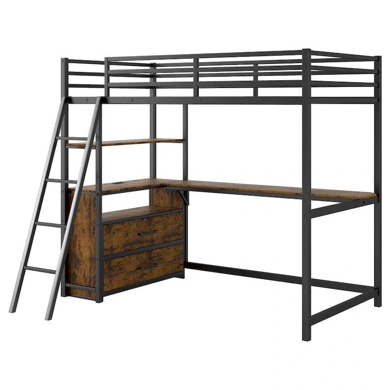 Lit mezzanine double en métal et bois avec bureau et étagères, deux tiroirs intégrés, lumière LED et station de recharge USB