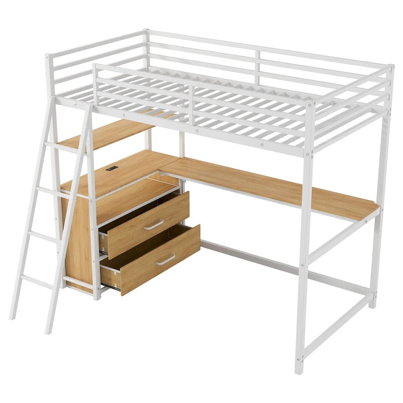 Lit mezzanine double en métal et bois avec bureau et étagères, deux tiroirs intégrés, lumière LED et station de recharge USB