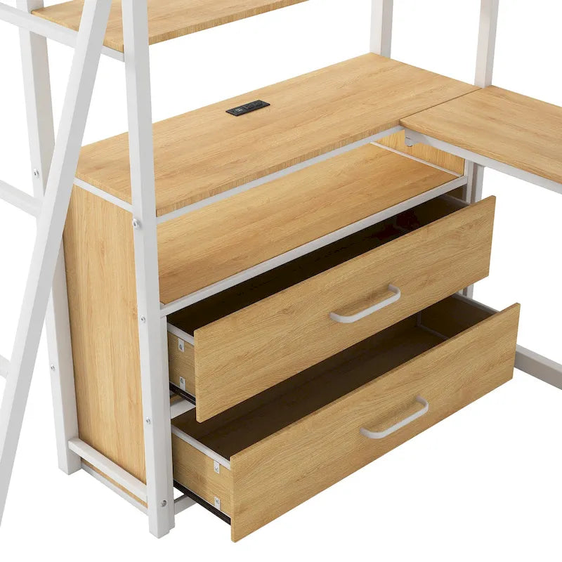 Lit mezzanine double en métal et bois avec bureau et étagères, deux tiroirs intégrés, lumière LED et station de recharge USB