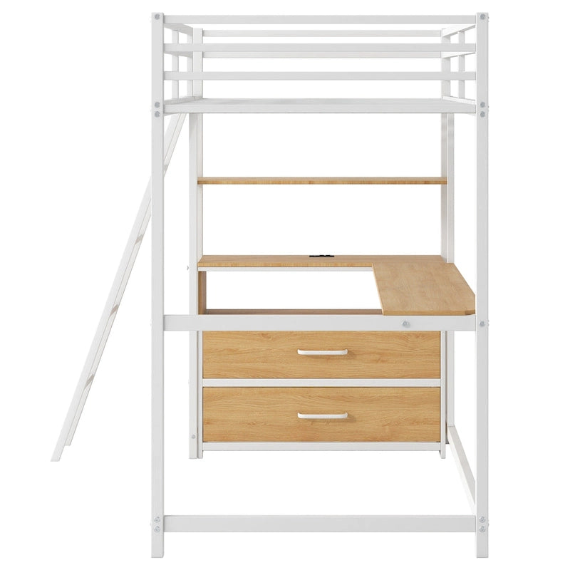 Lit mezzanine double en métal et bois avec bureau et étagères, deux tiroirs intégrés, lumière LED et station de recharge USB