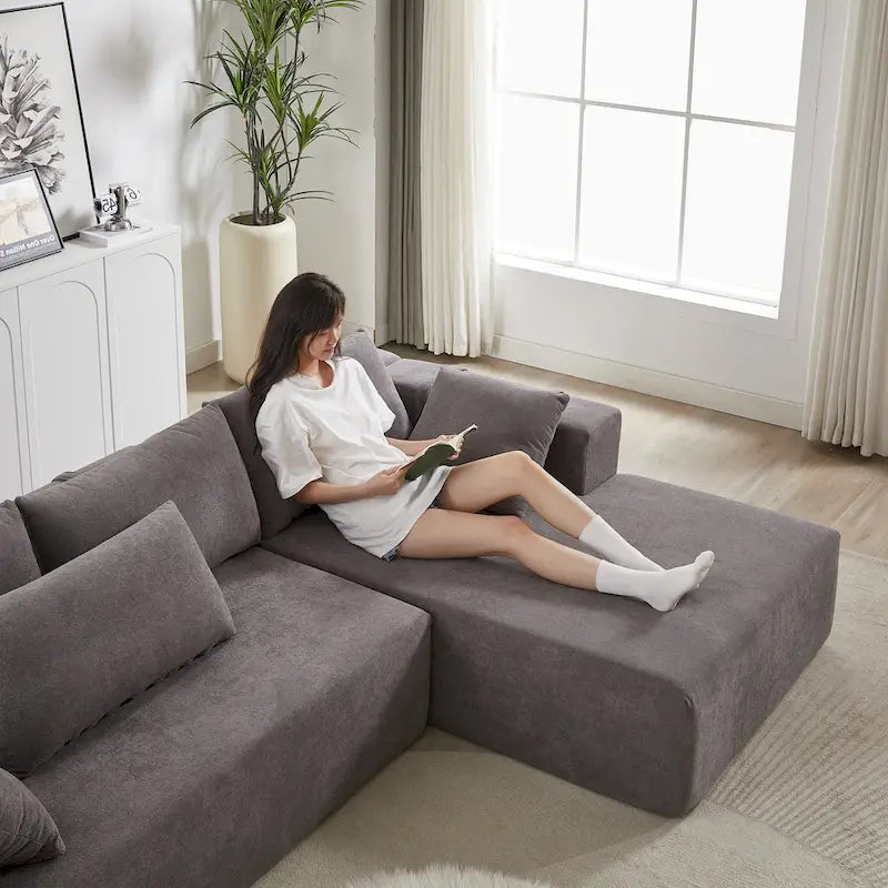 Canapé d'angle modulaire en chenille 108 places avec 6 coussins, méridienne réversible