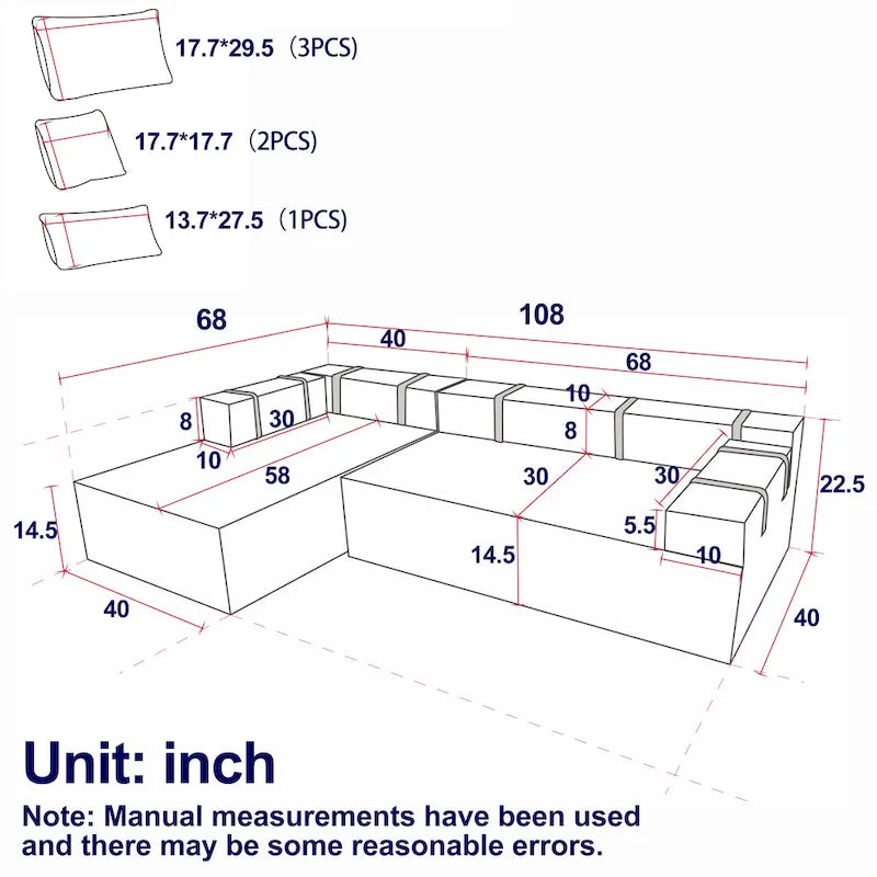 Canapé d'angle modulaire en chenille 108 places avec 6 coussins, méridienne réversible