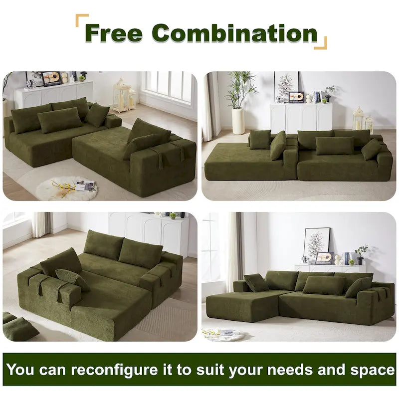 Canapé d'angle modulaire en chenille 108 places avec 6 coussins, méridienne réversible