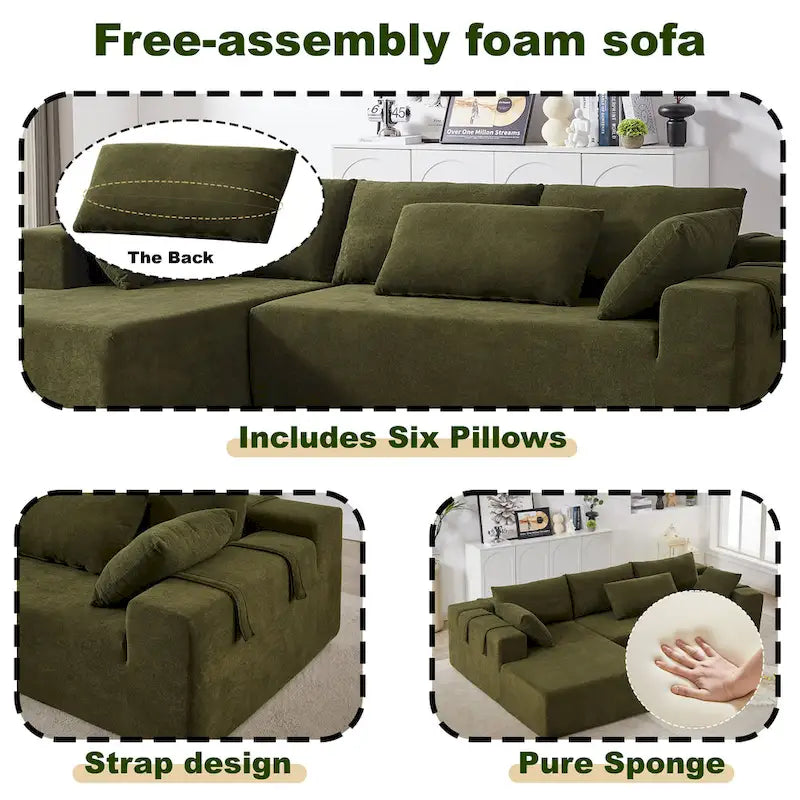 Canapé d'angle modulaire en chenille 108 places avec 6 coussins, méridienne réversible