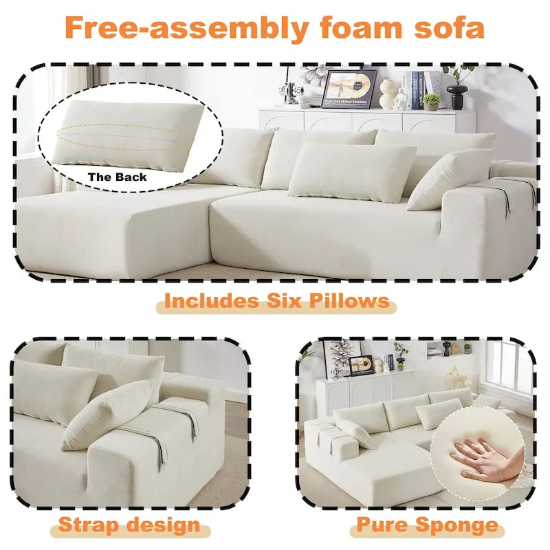 Canapé d'angle modulaire en chenille 108 places avec 6 coussins, méridienne réversible