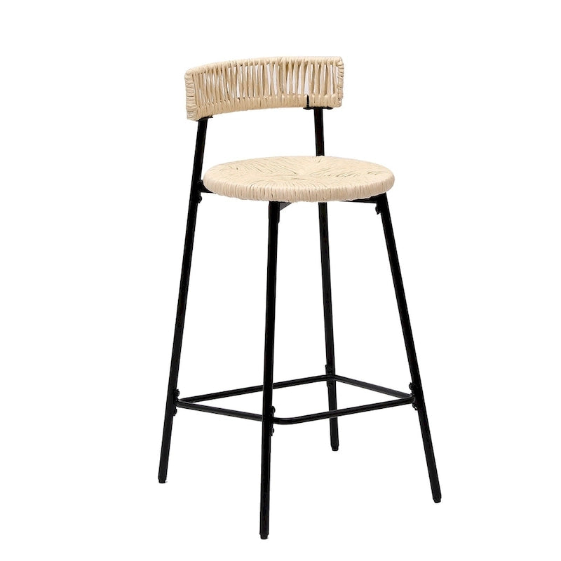 Tabourets de bar tissés à la main avec dossier, ensemble de 2 tabourets de bar ronds en corde de papier avec repose-pieds pour îlot de cuisine et salles à manger