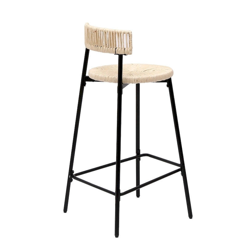 Tabourets de bar tissés à la main avec dossier, ensemble de 2 tabourets de bar ronds en corde de papier avec repose-pieds pour îlot de cuisine et salles à manger