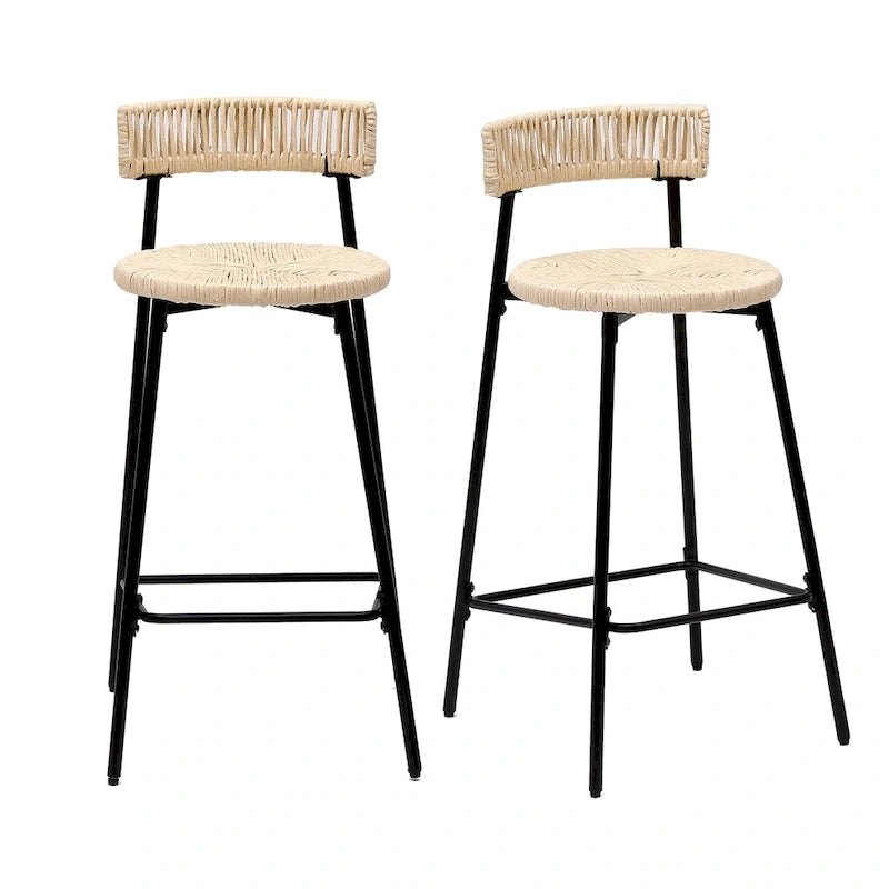 Tabourets de bar tissés à la main avec dossier, ensemble de 2 tabourets de bar ronds en corde de papier avec repose-pieds pour îlot de cuisine et salles à manger