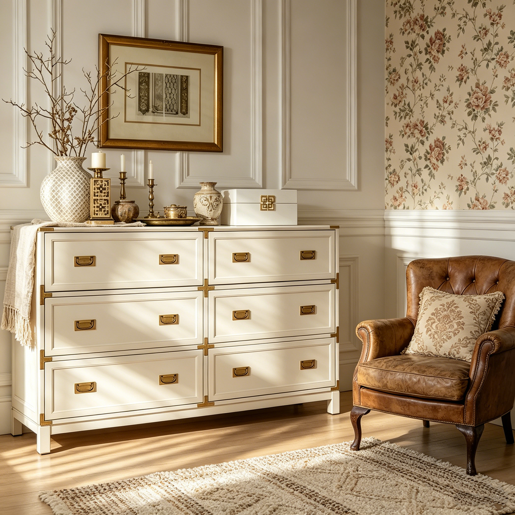 Commode 6 tiroirs avec détails dorés