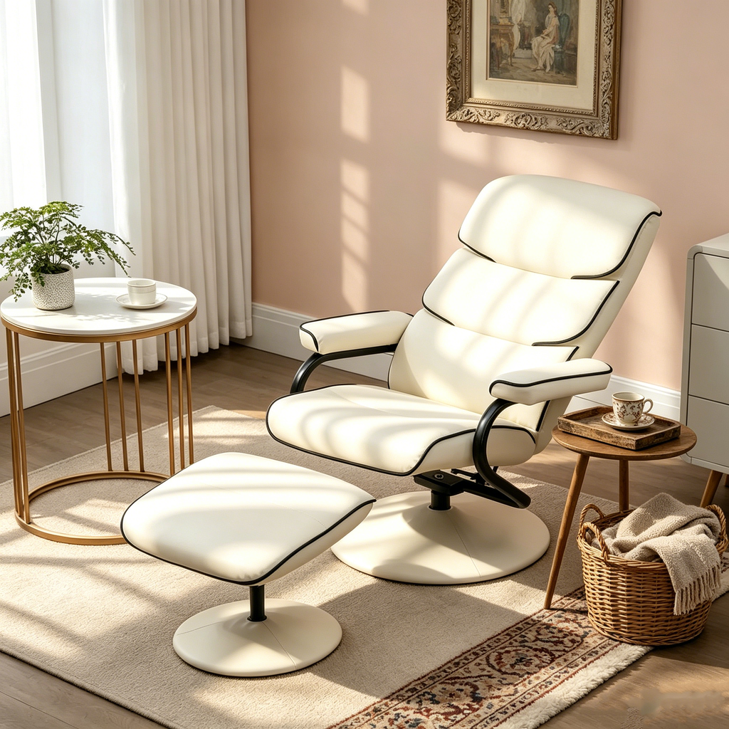 Fauteuil inclinable en cuir PU pivotant à 360°, réglable, avec pouf et rembourrage en mousse épaisse