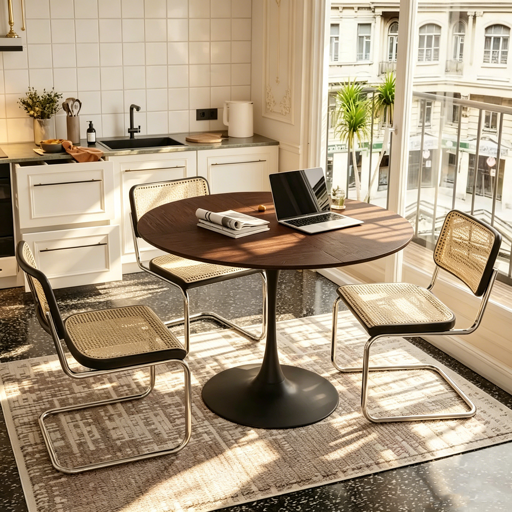 Table à manger ronde moderne, avec piètement en métal