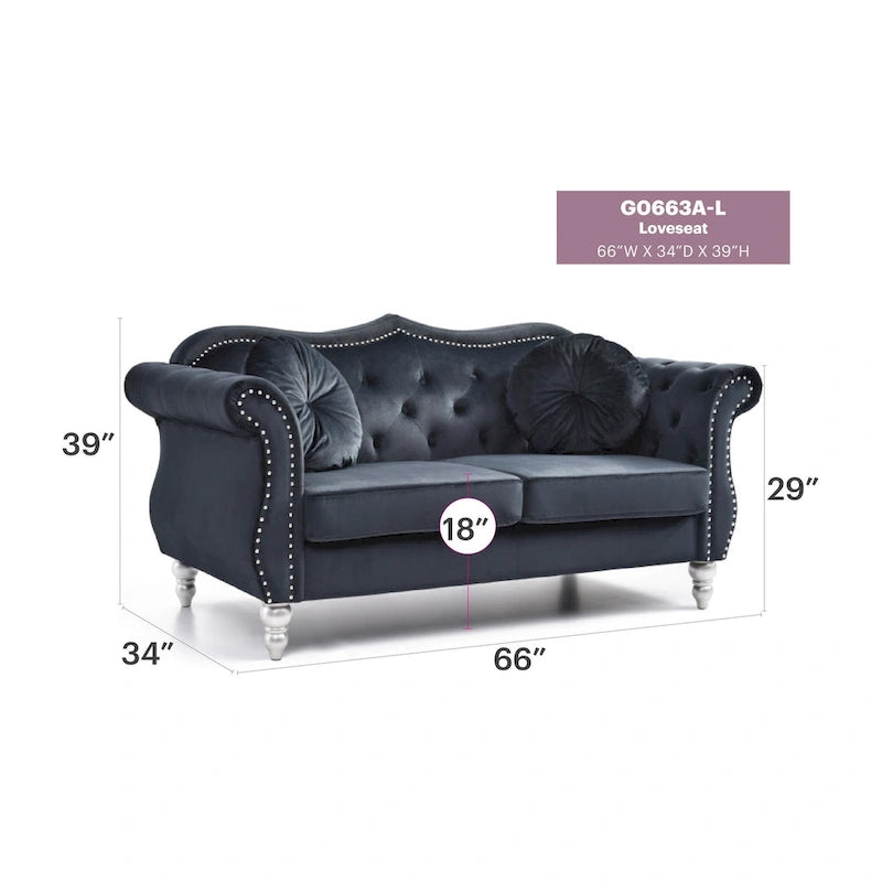 Causeuse en velours de 173 cm (coussins décoratifs inclus) — 173 cm (L) x 89 cm (l) x 86 cm (H)