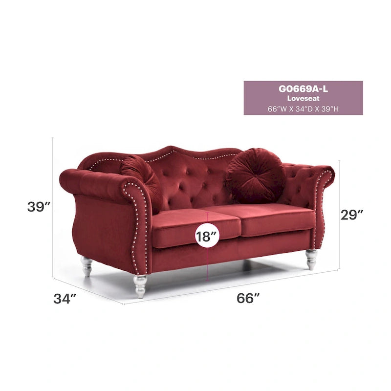 Causeuse en velours de 173 cm (coussins décoratifs inclus) — 173 cm (L) x 89 cm (l) x 86 cm (H)