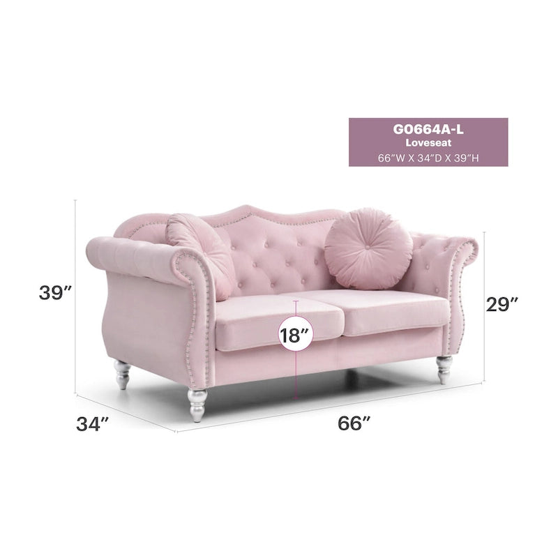 Causeuse en velours de 173 cm (coussins décoratifs inclus) — 173 cm (L) x 89 cm (l) x 86 cm (H)