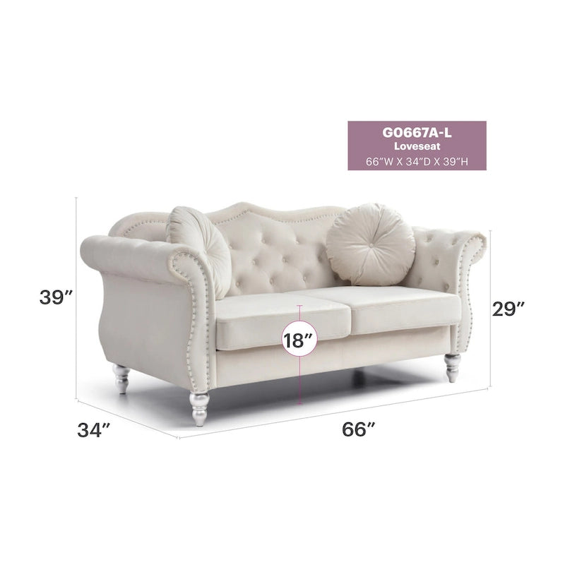 Causeuse en velours de 173 cm (coussins décoratifs inclus) — 173 cm (L) x 89 cm (l) x 86 cm (H)