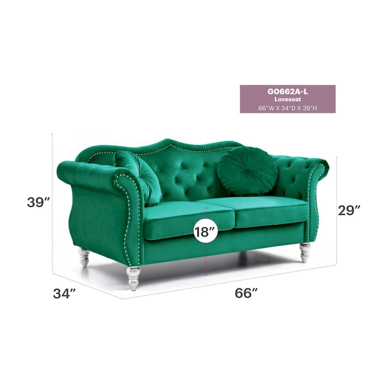 Causeuse en velours de 173 cm (coussins décoratifs inclus) — 173 cm (L) x 89 cm (l) x 86 cm (H)