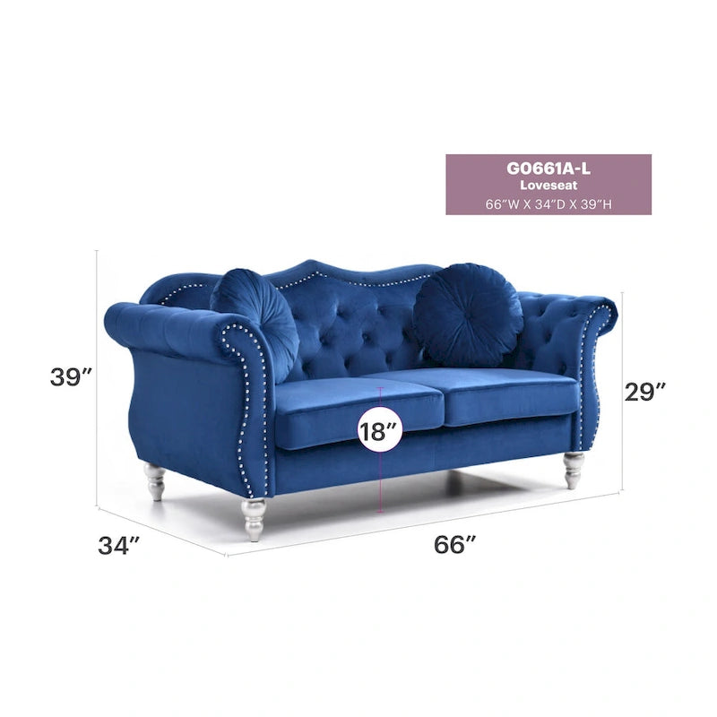 Causeuse en velours de 173 cm (coussins décoratifs inclus) — 173 cm (L) x 89 cm (l) x 86 cm (H)