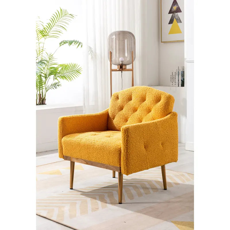 Fauteuil d'appoint capitonné en tissu Teddy avec pieds or rose