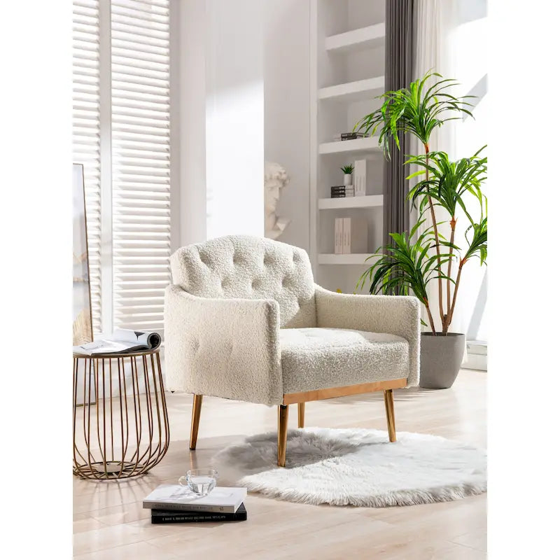Fauteuil d'appoint capitonné en tissu Teddy avec pieds or rose