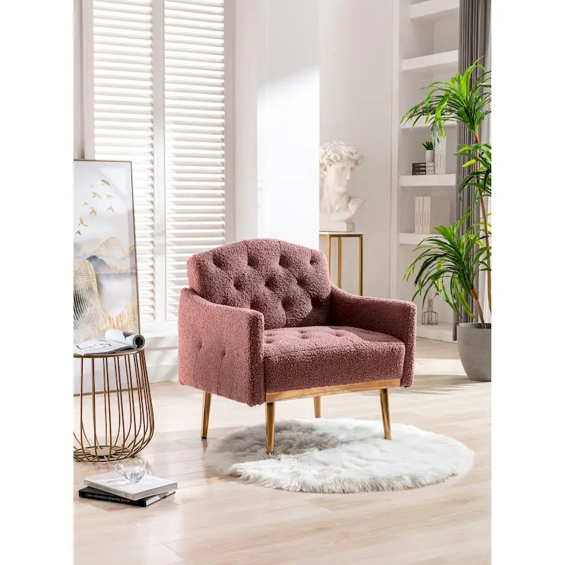 Fauteuil d'appoint capitonné en tissu Teddy avec pieds or rose