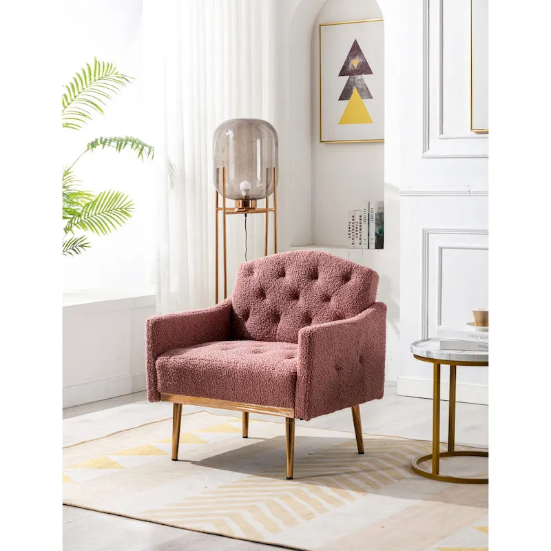 Fauteuil d'appoint capitonné en tissu Teddy avec pieds or rose