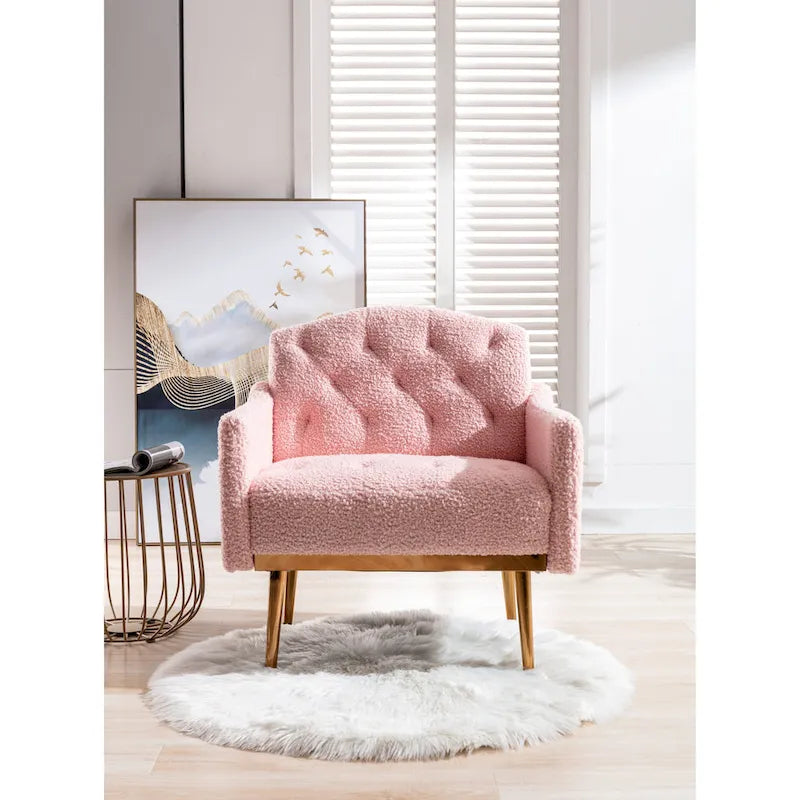 Fauteuil d'appoint capitonné en tissu Teddy avec pieds or rose