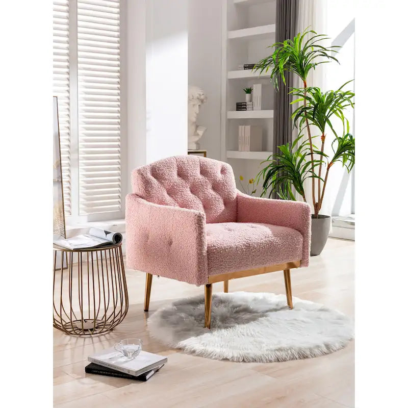 Fauteuil d'appoint capitonné en tissu Teddy avec pieds or rose