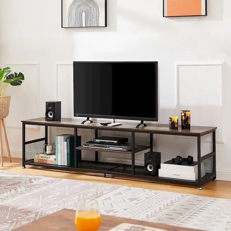 Meuble TV — Meuble TV/console multimédia de style industriel avec espace de rangement et étagères grillagées — Convient au salon ou à la chambre — Marron