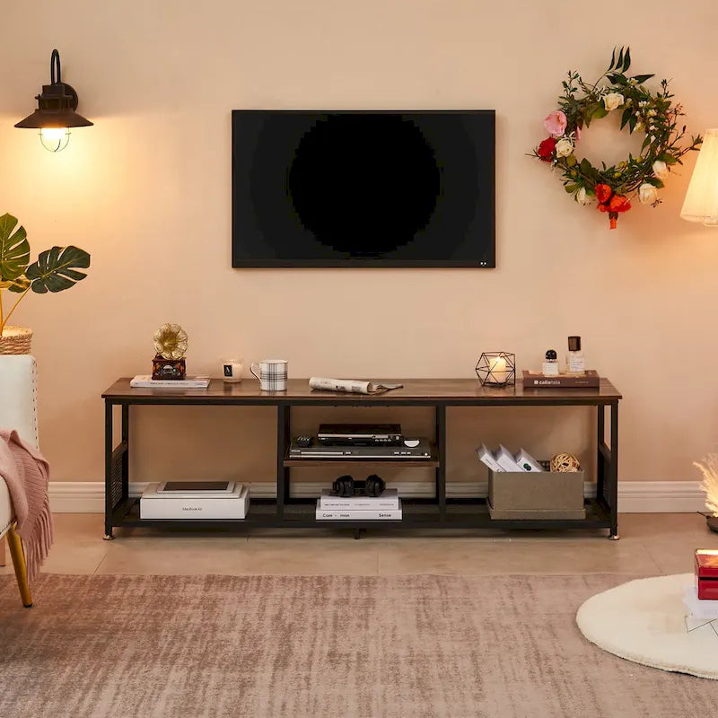 Meuble TV — Meuble TV/console multimédia de style industriel avec espace de rangement et étagères grillagées — Convient au salon ou à la chambre — Marron