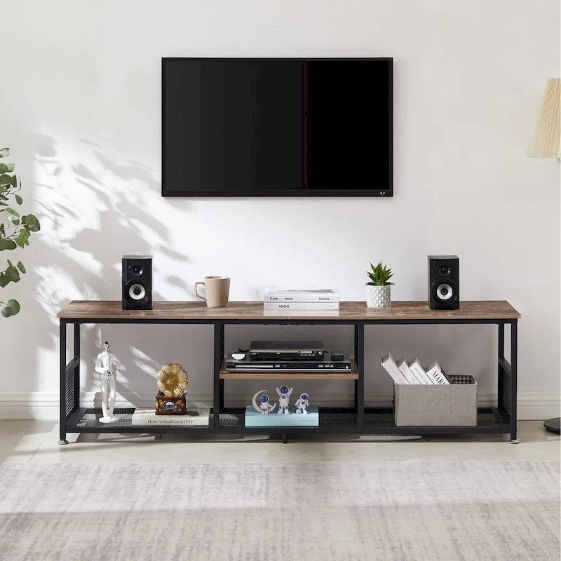 Meuble TV — Meuble TV/console multimédia de style industriel avec espace de rangement et étagères grillagées — Convient au salon ou à la chambre — Marron