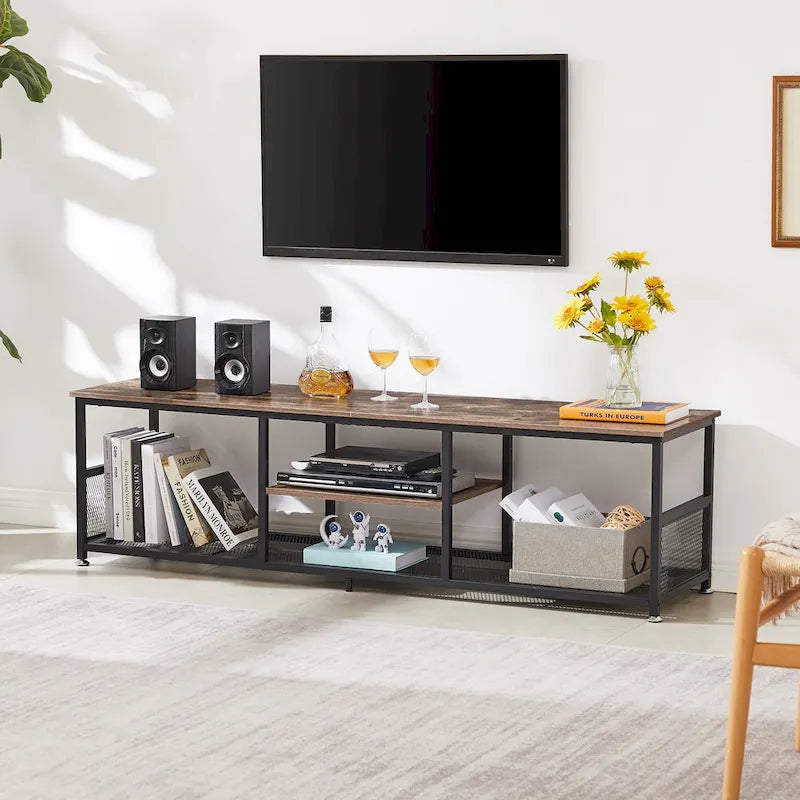 Meuble TV — Meuble TV/console multimédia de style industriel avec espace de rangement et étagères grillagées — Convient au salon ou à la chambre — Marron