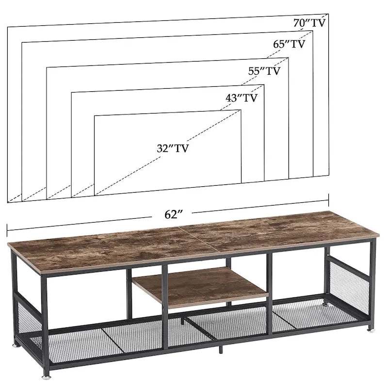 Meuble TV — Meuble TV/console multimédia de style industriel avec espace de rangement et étagères grillagées — Convient au salon ou à la chambre — Marron
