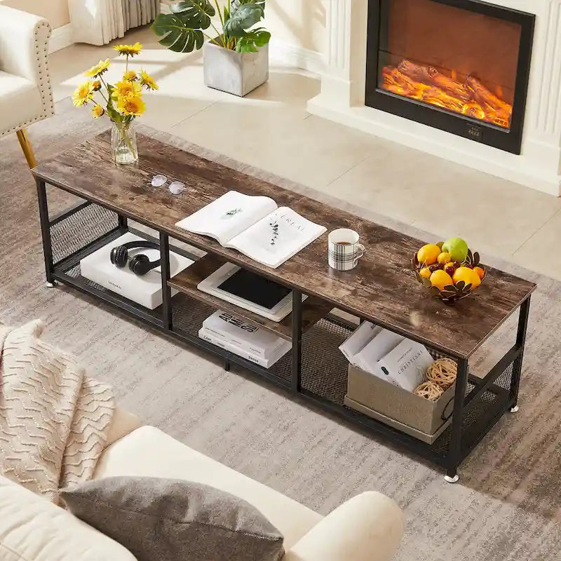 Meuble TV — Meuble TV/console multimédia de style industriel avec espace de rangement et étagères grillagées — Convient au salon ou à la chambre — Marron