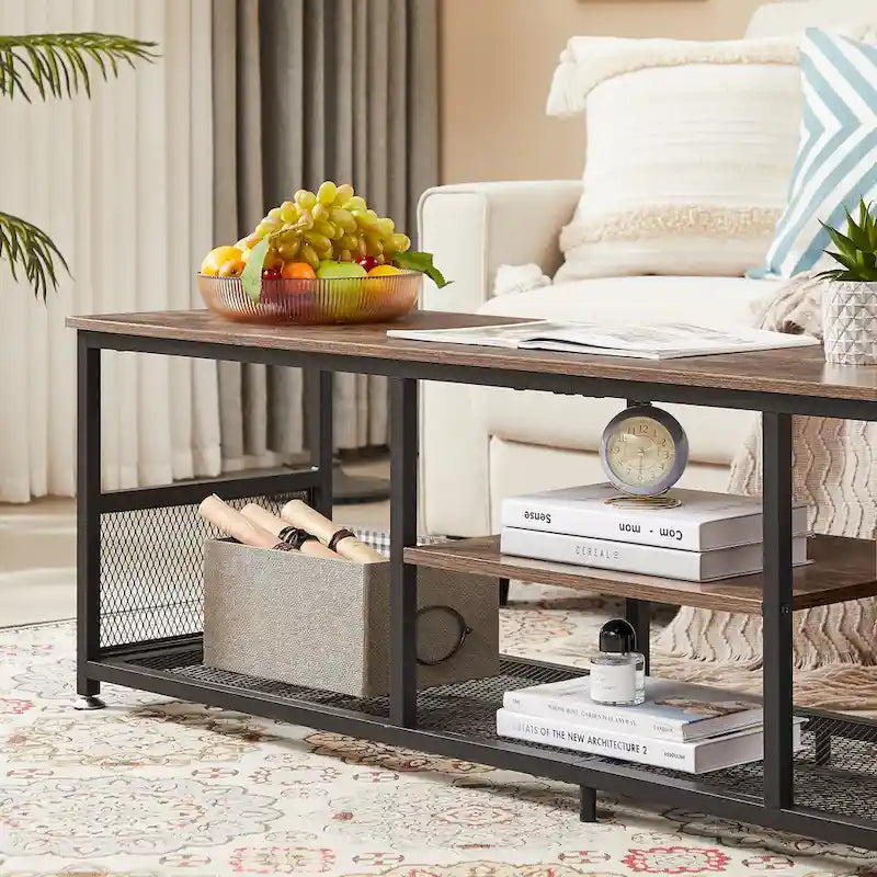 Meuble TV — Meuble TV/console multimédia de style industriel avec espace de rangement et étagères grillagées — Convient au salon ou à la chambre — Marron
