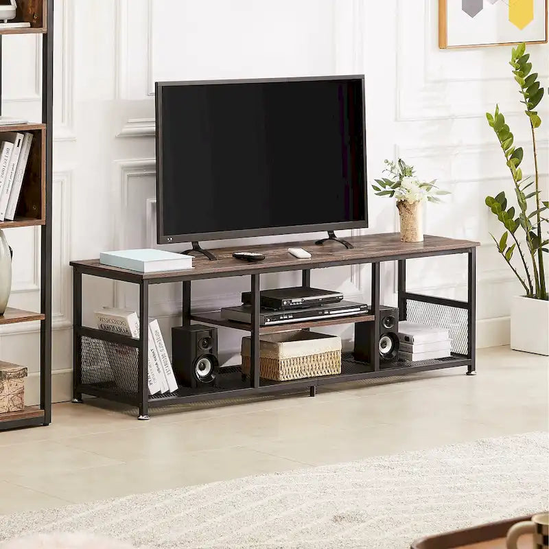 Meuble TV — Meuble TV/console multimédia de style industriel avec espace de rangement et étagères grillagées — Convient au salon ou à la chambre — Marron