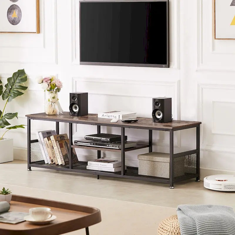 Meuble TV — Meuble TV/console multimédia de style industriel avec espace de rangement et étagères grillagées — Convient au salon ou à la chambre — Marron