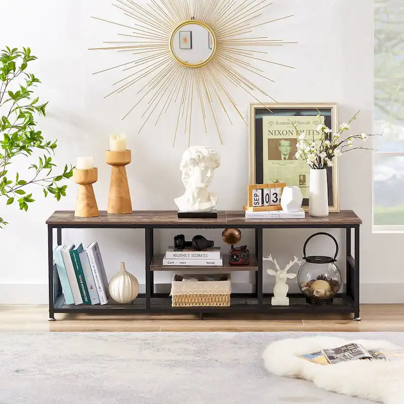 Meuble TV — Meuble TV/console multimédia de style industriel avec espace de rangement et étagères grillagées — Convient au salon ou à la chambre — Marron