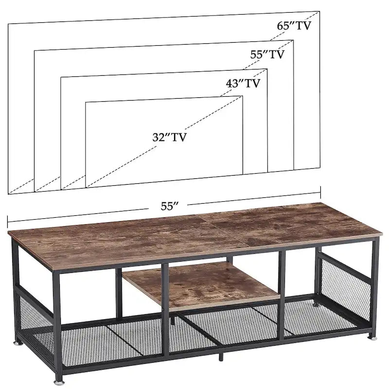 Meuble TV — Meuble TV/console multimédia de style industriel avec espace de rangement et étagères grillagées — Convient au salon ou à la chambre — Marron