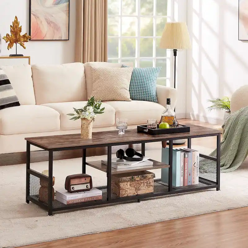Meuble TV — Meuble TV/console multimédia de style industriel avec espace de rangement et étagères grillagées — Convient au salon ou à la chambre — Marron