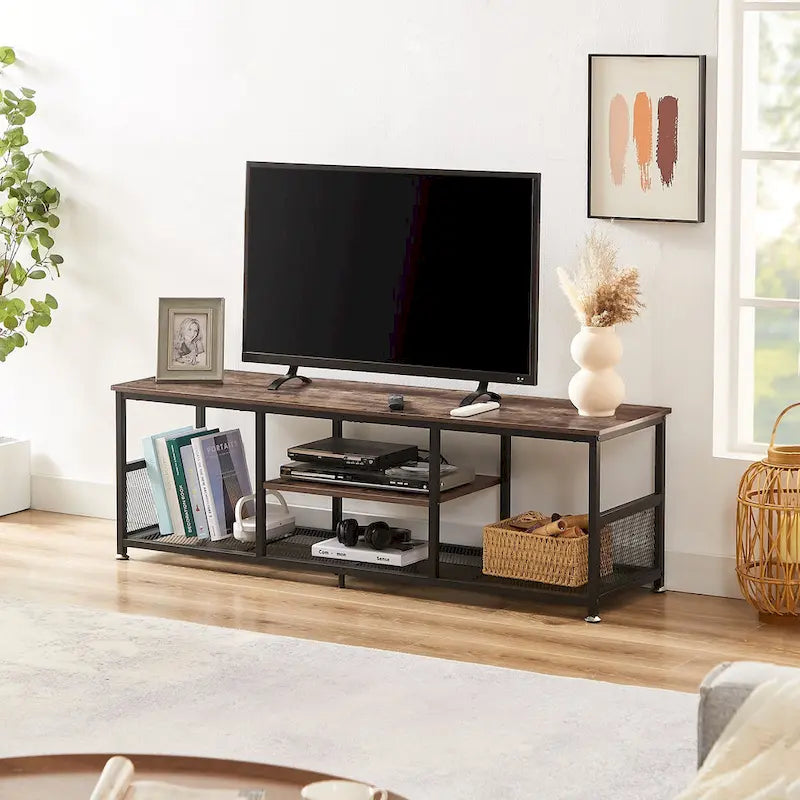 Meuble TV — Meuble TV/console multimédia de style industriel avec espace de rangement et étagères grillagées — Convient au salon ou à la chambre — Marron
