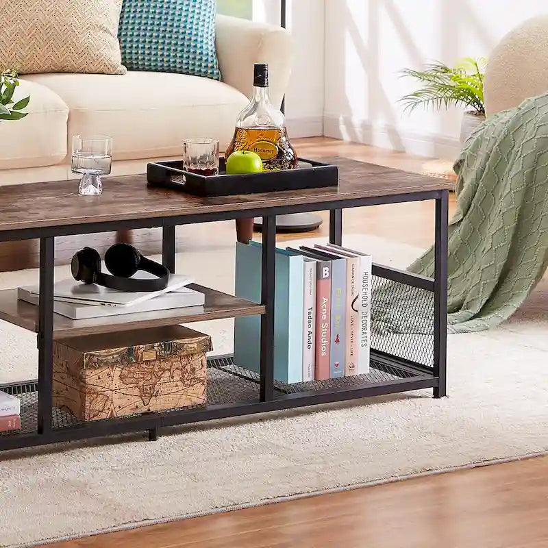 Meuble TV — Meuble TV/console multimédia de style industriel avec espace de rangement et étagères grillagées — Convient au salon ou à la chambre — Marron
