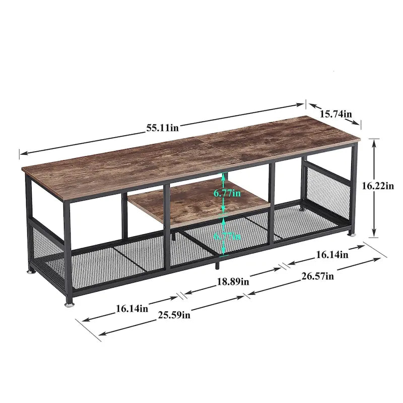 Meuble TV — Meuble TV/console multimédia de style industriel avec espace de rangement et étagères grillagées — Convient au salon ou à la chambre — Marron