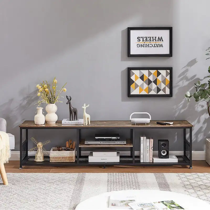 Meuble TV — Meuble TV/console multimédia de style industriel avec espace de rangement et étagères grillagées — Convient au salon ou à la chambre — Marron