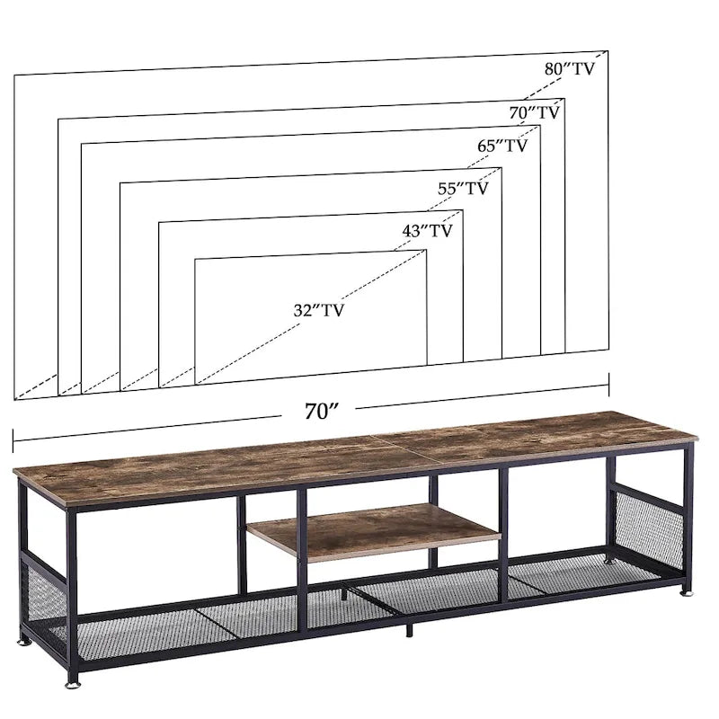Meuble TV — Meuble TV/console multimédia de style industriel avec espace de rangement et étagères grillagées — Convient au salon ou à la chambre — Marron