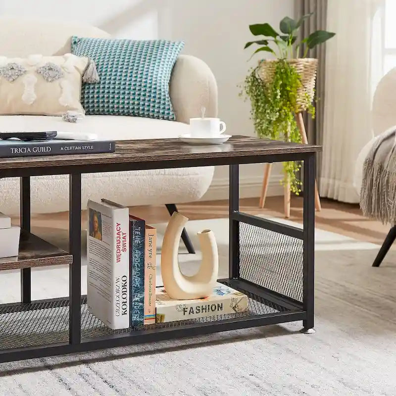 Meuble TV — Meuble TV/console multimédia de style industriel avec espace de rangement et étagères grillagées — Convient au salon ou à la chambre — Marron