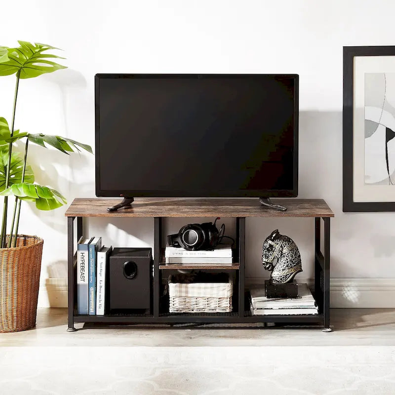 Meuble TV — Meuble TV/console multimédia de style industriel avec espace de rangement et étagères grillagées — Convient au salon ou à la chambre — Marron